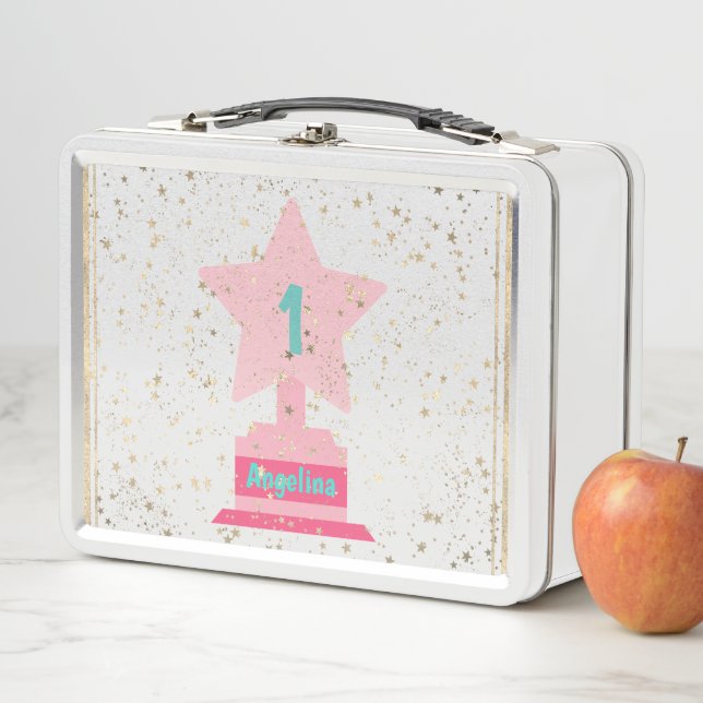 Girly Modern Chic Trophy & Stars Back to School Metal Lunch Box (In Situ)