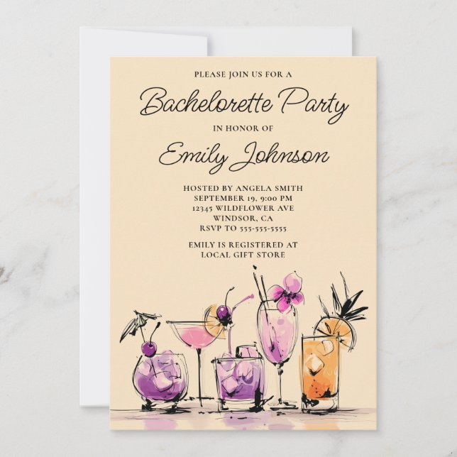 Girly Modern Cocktails Illustration Bachelorette Invitation (Front)