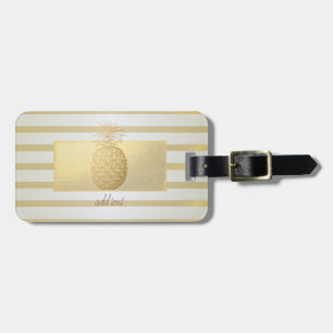 Girly Modern Gold Stripes, Gold Pineapple  Luggage Tag