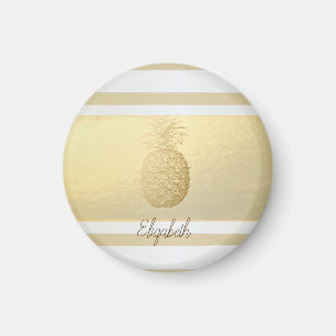 Girly Modern Gold Stripes, Gold Pineapple Magnet