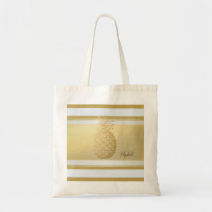 Girly Modern Gold Stripes, Gold Pineapple Tote Bag