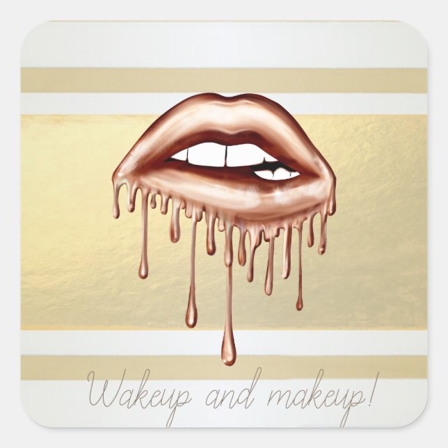 Girly Modern Gold Stripes, Metallic Dripping Lips  Square Sticker (Front)
