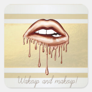 Girly Modern Gold Stripes, Metallic Dripping Lips Square Sticker
