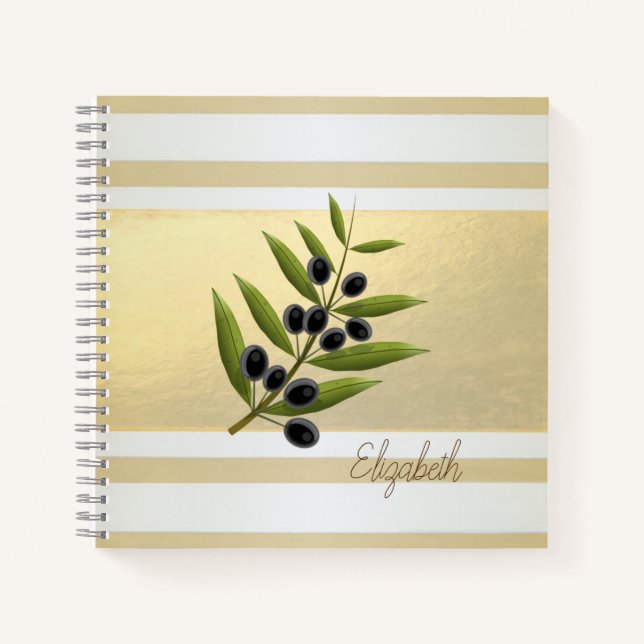 Girly Modern Gold Stripes, Olive Branch Notebook (Front)