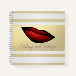 Girly Modern Gold Stripes, Red Lips Notebook