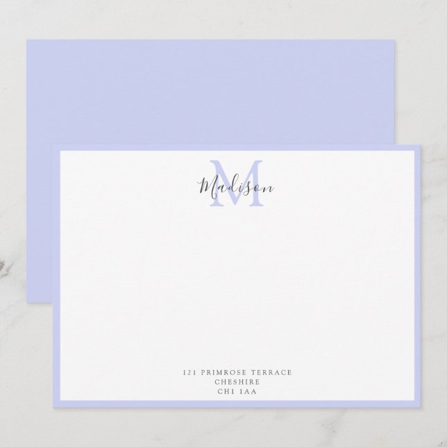 Girly Modern Lavender Handlettered Monogram Note C Card (Front/Back)