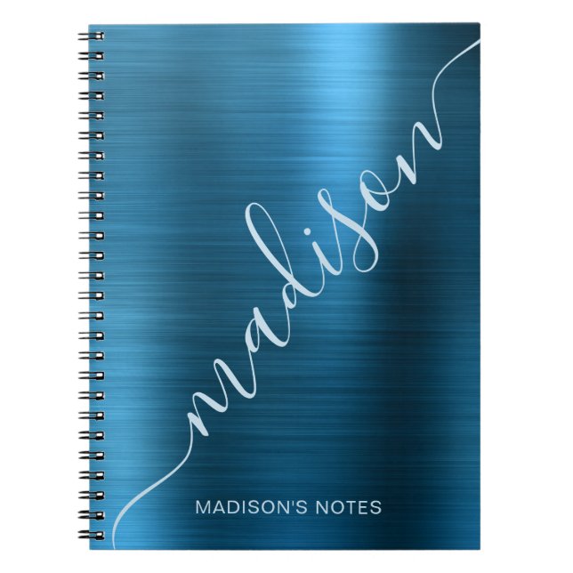 Girly Modern Mid Blue Metal Monogram Signature Notebook (Front)