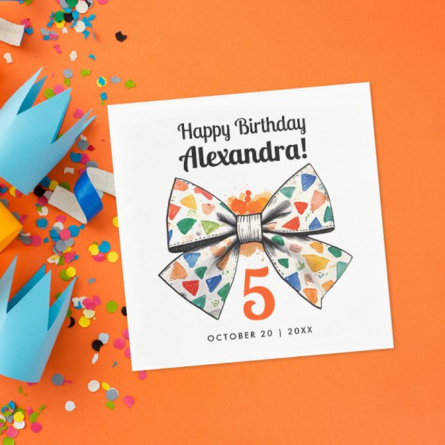 Girly Modern Orange Colourful Bow Name Watercolor Napkin (Creator Uploaded)