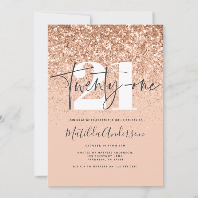 Girly modern peach glitter typography 21 birthday (Front)