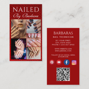 Girly Modern Photo Nail Artist Technician Red QR Business Card