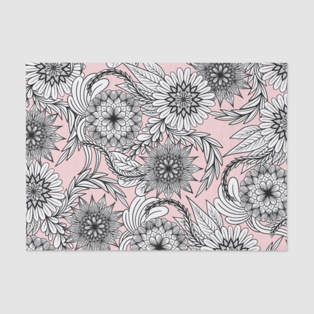 Girly Modern Pink Black White Floral Drawings Tissue Paper (Front)