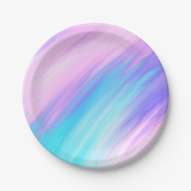 Girly Modern Pink Blue Purple Paint Smudges Paper Plate (Front)