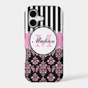 Girly Modern Pink Glitter Damask Personalised
