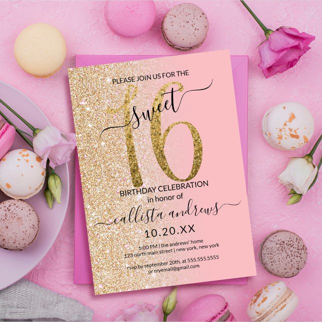 Girly Modern Pink Gold Glitter Ombre Sweet 16 Invitation (Creator Uploaded)