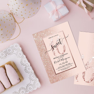 Girly Modern Pink Rose Gold Glitter Ombre Sweet 16 Invitation