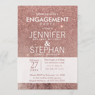Girly Modern Rose Gold Glitter Foil Engagement Invitation
