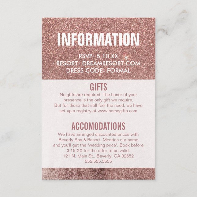 Girly Modern Rose Gold Glitter Wedding Information Enclosure Card (Front)