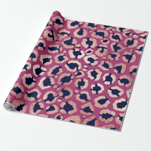 Girly Modern Rose Gold Navy Purple Leopard Print Wrapping Paper