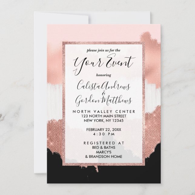 Girly Modern Rose Gold Pink Glitter Brushstroke Invitation (Front)