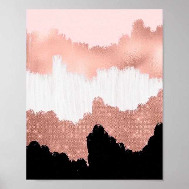 Girly Modern Rose Gold Pink Glitter Brushstroke Poster (Front)