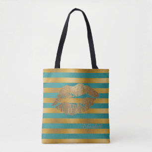 Girly Modern  Stripes,Glittery Lips,Personalised Tote Bag