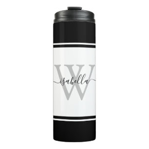 Girly Modern Trendy Monogram Script Black White Thermal Tumbler