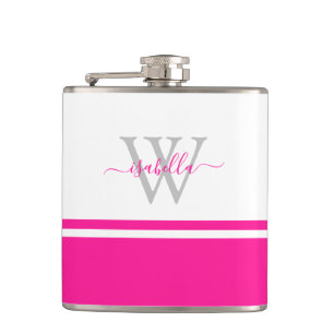 Girly Modern Trendy Monogram Script Hot Pink Flask