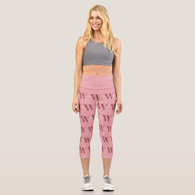 Girly Monogram and Name pink blush red Capri Leggings (Front)