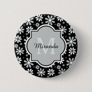 Girly Monogram Black White Daisy Flowers With Name 6 Cm Round Badge