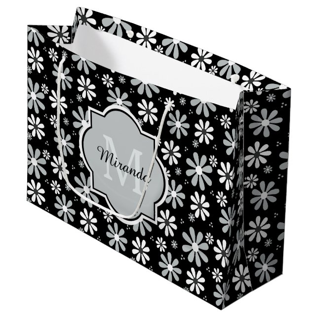 Girly Monogram Black White Daisy Flowers With Name Large Gift Bag (Front Angled)
