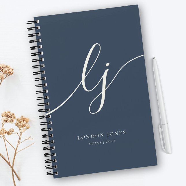 Girly Monogram Calligraphy 2 Initials Navy Ivory Notebook (Creator Uploaded)