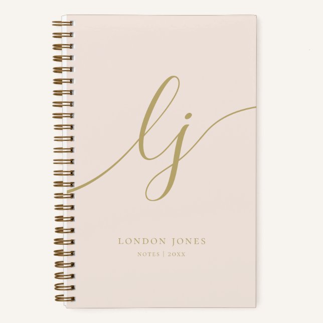 Girly Monogram Calligraphy Initial Blush Pink Gold Notebook (Front)