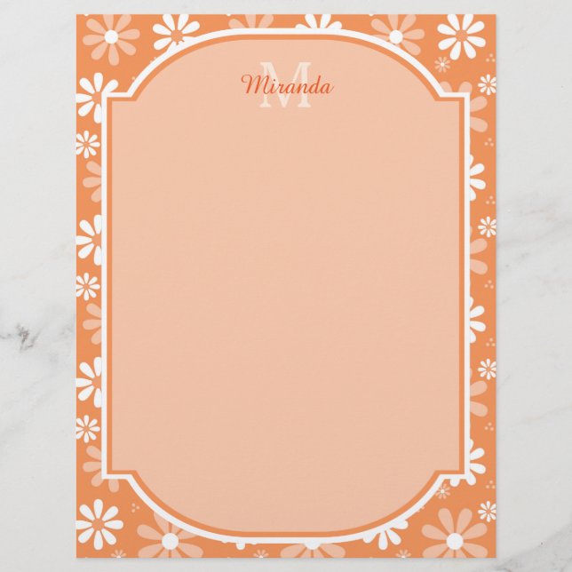 Girly Monogram Cute Orange Daisy Flowers and Name (Front)