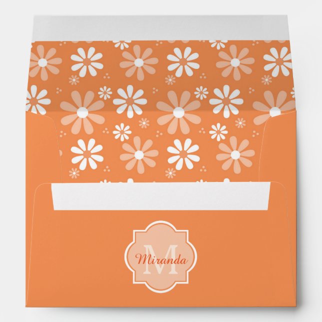 Girly Monogram Cute Orange Daisy Flowers and Name Envelope (Back (Bottom))