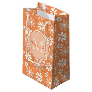 Girly Monogram Cute Orange Daisy Flowers and Name Small Gift Bag