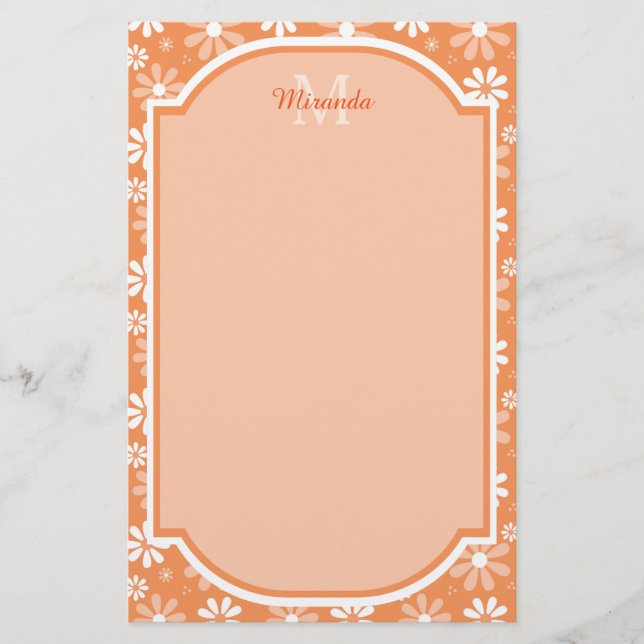 Girly Monogram Cute Orange Daisy Flowers and Name Stationery (Front)