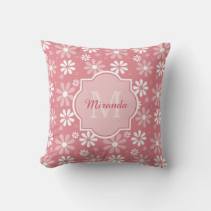 Girly Monogram Cute Pink Daisy Flowers With Name Cushion