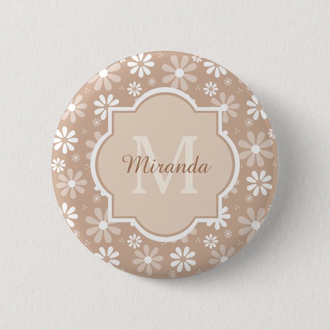 Girly Monogram Cute Tan Daisy Flowers and Name 6 Cm Round Badge (Front)