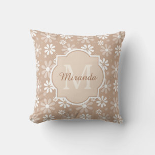 Girly Monogram Cute Tan Daisy Flowers and Name Cushion