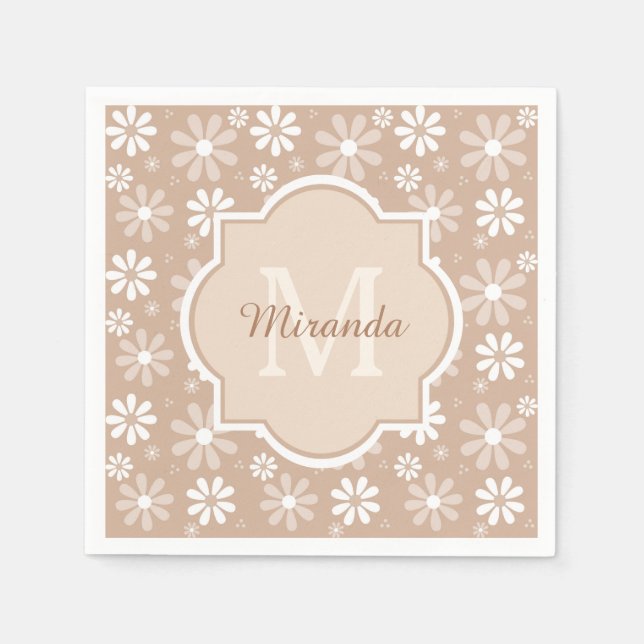 Girly Monogram Cute Tan Daisy Flowers and Name Napkin (Front)