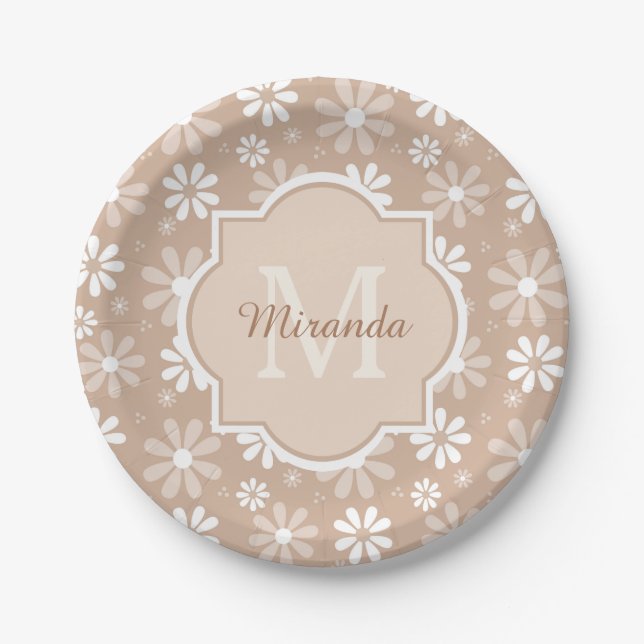 Girly Monogram Cute Tan Daisy Flowers and Name Paper Plate (Front)