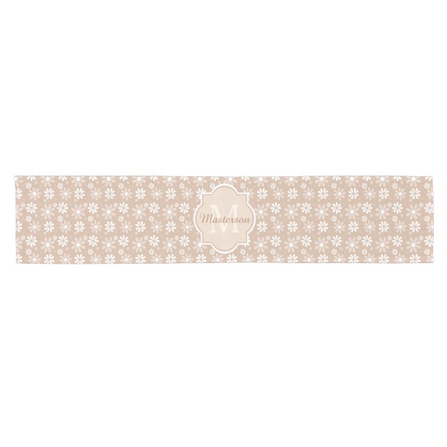Girly Monogram Cute Tan Daisy Flowers and Name Short Table Runner (Horizontal)