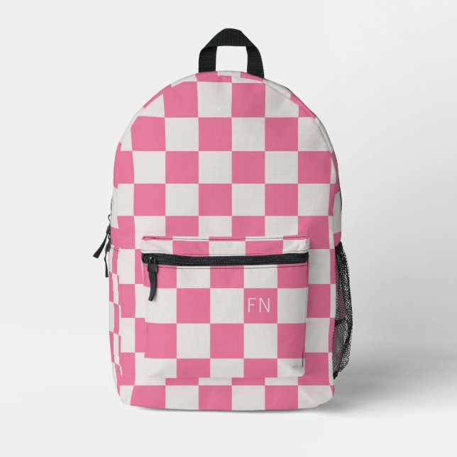 Girly Monogram Initials & Bright Pink Chequerboard Printed Backpack (Front)