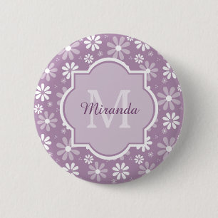 Girly Monogram Light Purple Daisy Flowers and Name 6 Cm Round Badge