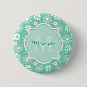 Girly Monogram Mint White Daisy Flowers With Name 6 Cm Round Badge