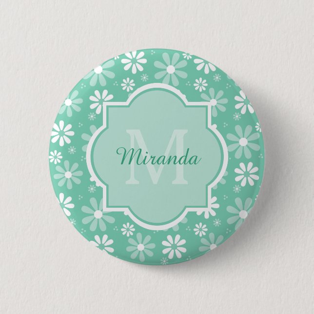Girly Monogram Mint White Daisy Flowers With Name 6 Cm Round Badge (Front)