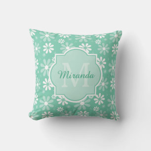 Girly Monogram Mint White Daisy Flowers With Name Cushion