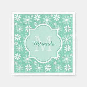 Girly Monogram Mint White Daisy Flowers With Name Napkin