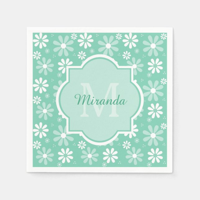 Girly Monogram Mint White Daisy Flowers With Name Napkin (Front)