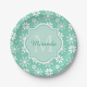 Girly Monogram Mint White Daisy Flowers With Name Paper Plate